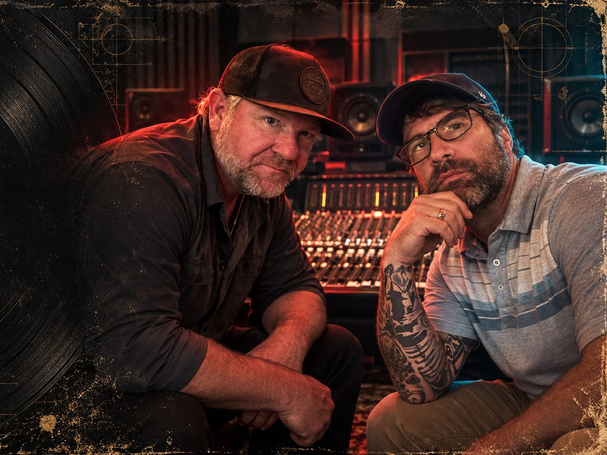 Rob and BJ of Break 2 in the studio at the mixing desk, beside a vinyl record.